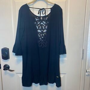 Roxy Gold Soul Coverup Sz M Black Crocheted Lace front Open Back w/tie EUC